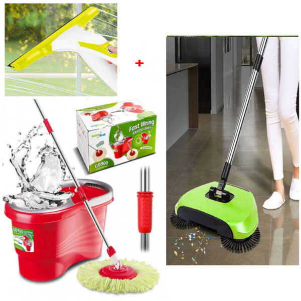 Mop rotativ cu galeata + Matura profesionala 3in1, Rotatie 360 grade, pentru suprafete umede si uscate + Tava colectare cu magnet pentru praf + Racleta geamuri cu spray pulverizator