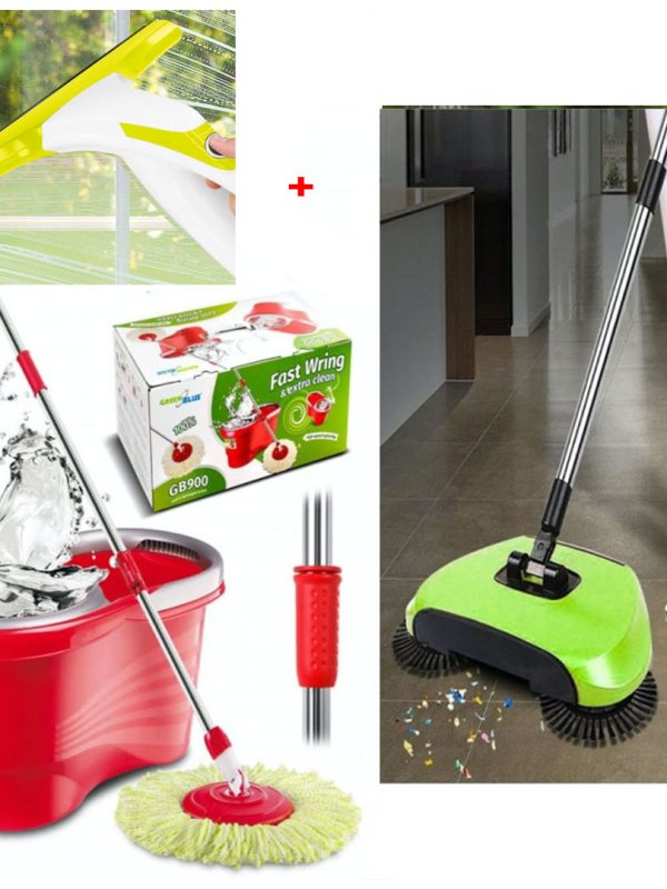 Mop rotativ cu galeata + Matura profesionala 3in1, Rotatie 360 grade, pentru suprafete umede si uscate + Tava colectare cu magnet pentru praf + Racleta geamuri cu spray pulverizator