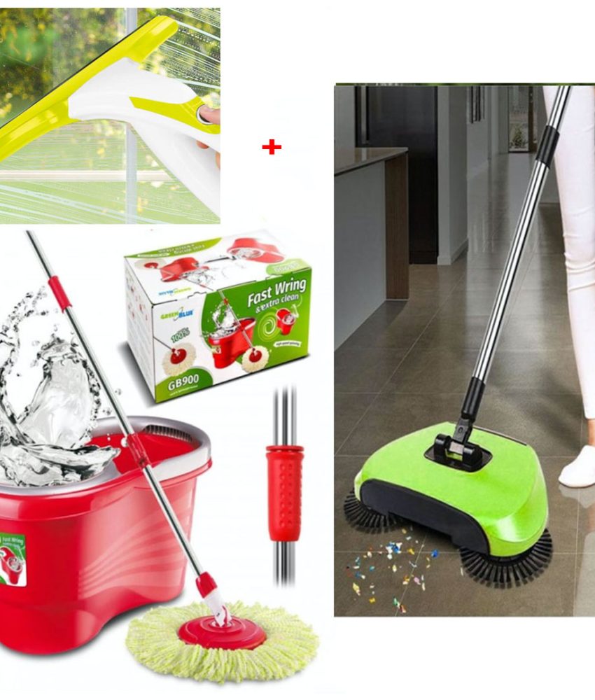 Mop rotativ cu galeata + Matura profesionala 3in1, Rotatie 360 grade, pentru suprafete umede si uscate + Tava colectare cu magnet pentru praf + Racleta geamuri cu spray pulverizator