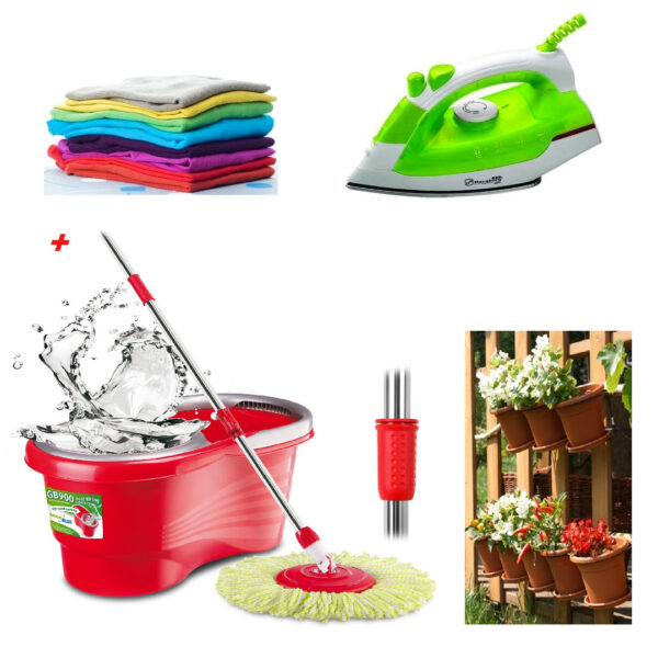 Mop rotativ cu galeata + Fier de calcat cu aburi + CADOU 5 ghivece cu farfurii pentru flori