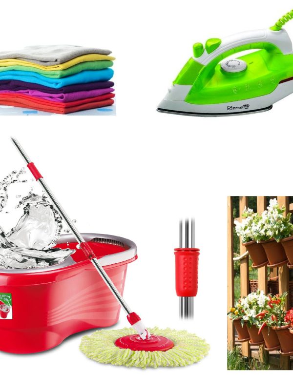 Mop rotativ cu galeata + Fier de calcat cu aburi + CADOU 5 ghivece cu farfurii pentru flori