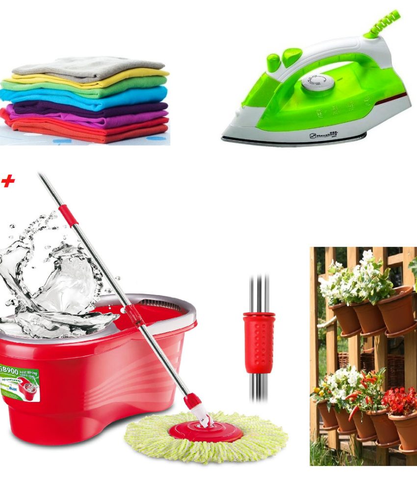 Mop rotativ cu galeata + Fier de calcat cu aburi + CADOU 5 ghivece cu farfurii pentru flori
