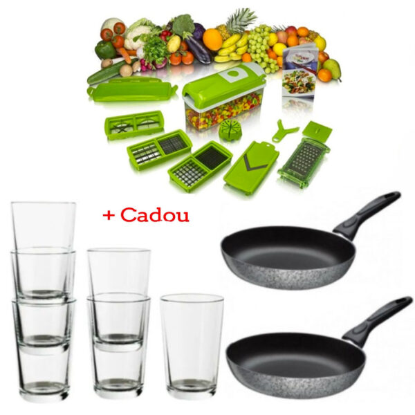 Razatoarea Nicer Dicer 9 piese, 11 moduri de taiere + Set 2 Tigai teflon + CADOU Set 6 Pahare din sticla