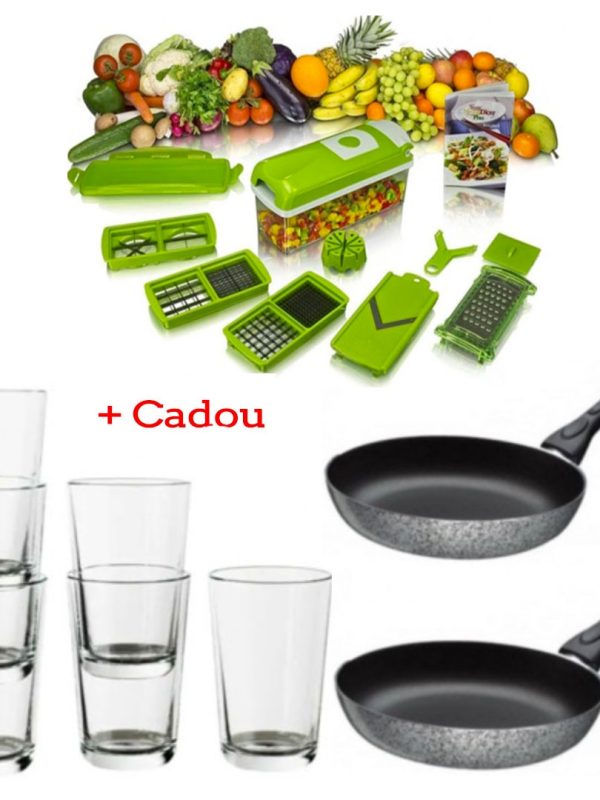 Razatoarea Nicer Dicer 9 piese, 11 moduri de taiere + Set 2 Tigai teflon + CADOU Set 6 Pahare din sticla