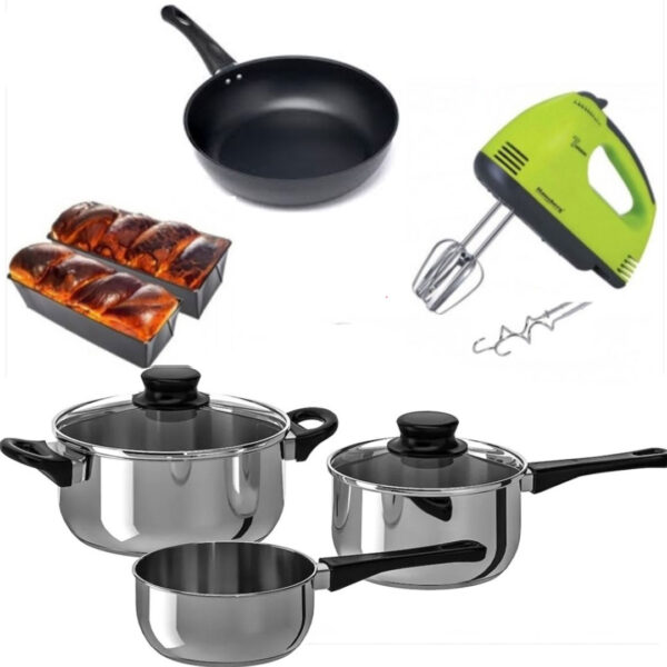 Oale inox Deluxe 5 piese, 3 straturi capsulate + Mixer electric 7 viteze + Tigaie aluminiu teflonat Delis + Cadou  Tava cozonac!