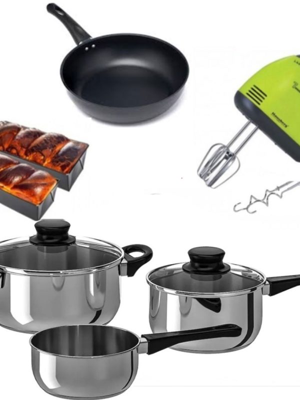 Oale inox Deluxe 5 piese, 3 straturi capsulate + Mixer electric 7 viteze + Tigaie aluminiu teflonat Delis + Cadou  Tava cozonac!