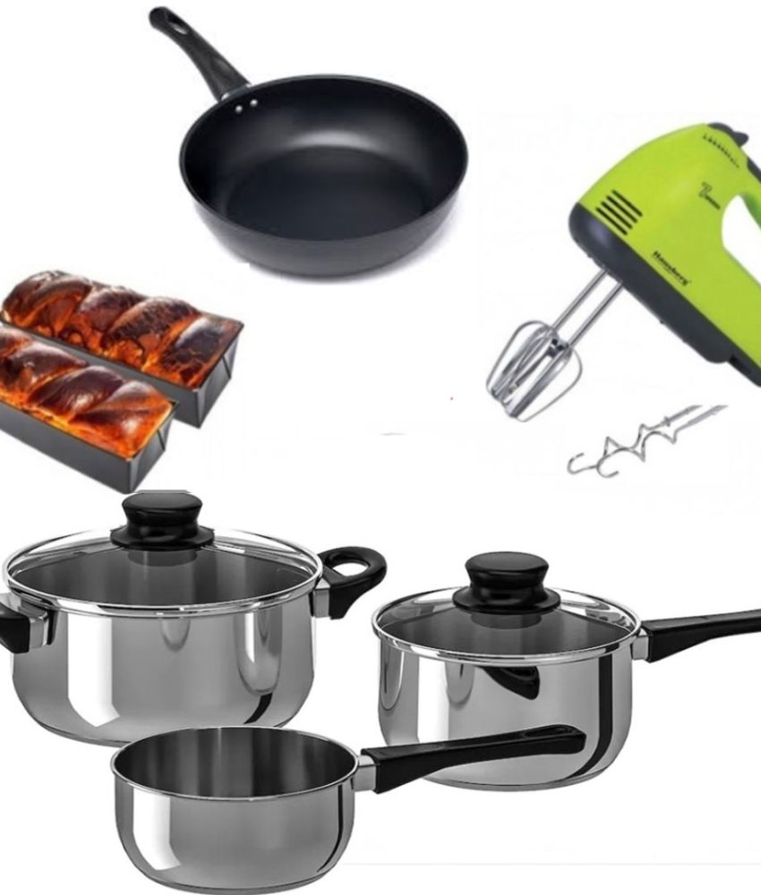 Oale inox Deluxe 5 piese, 3 straturi capsulate + Mixer electric 7 viteze + Tigaie aluminiu teflonat Delis + Cadou  Tava cozonac!