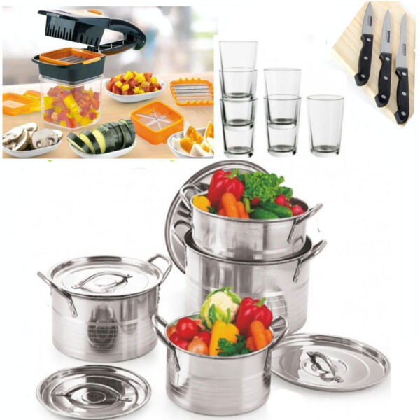 Set 4 Oale Inox Cu Capac Stock Pot, 4l, 5l, 8l, 10l Cu Manere De Prindere+ Razatoare Nicer Dicer Quick 5 in 1 + Set 3 Cutite friptura + Cadou set 6 pahare sticla!