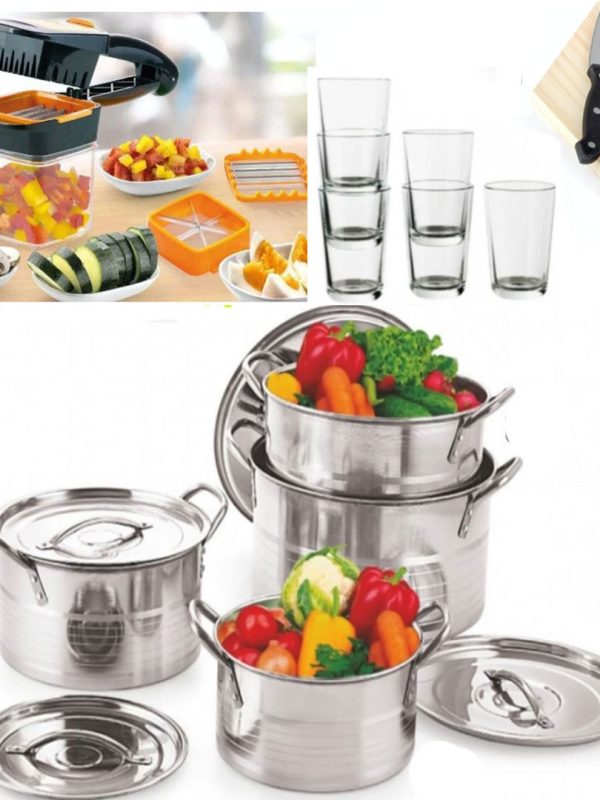Set 4 Oale Inox Cu Capac Stock Pot, 4l, 5l, 8l, 10l Cu Manere De Prindere+ Razatoare Nicer Dicer Quick 5 in 1 + Set 3 Cutite friptura + Cadou set 6 pahare sticla!