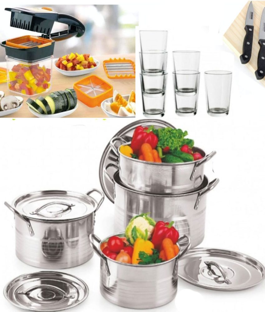Set 4 Oale Inox Cu Capac Stock Pot, 4l, 5l, 8l, 10l Cu Manere De Prindere+ Razatoare Nicer Dicer Quick 5 in 1 + Set 3 Cutite friptura + Cadou set 6 pahare sticla!