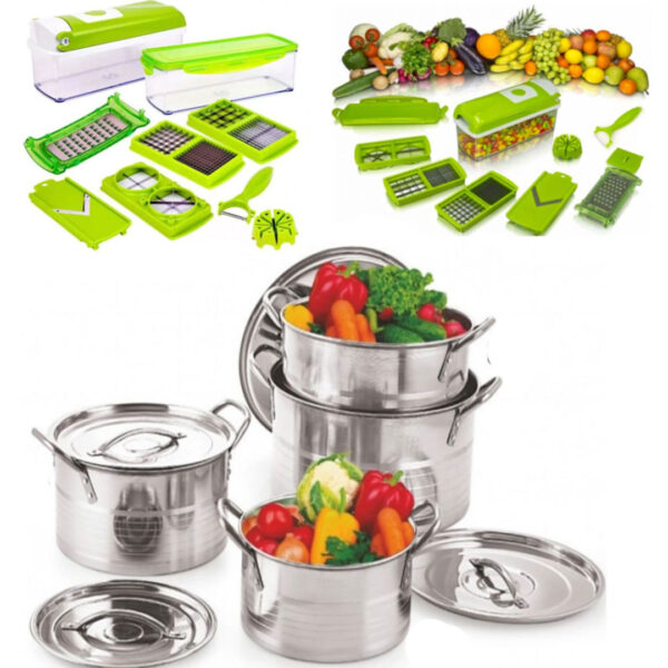 Set 4 Oale Inox Cu Capac Stock Pot, 4,l, 5,l, 8l,10l, Cu Manere De Prindere + Cadou Razatoarea Nicer dicer cu 11 moduri de taiere, pentru fructe si legume!