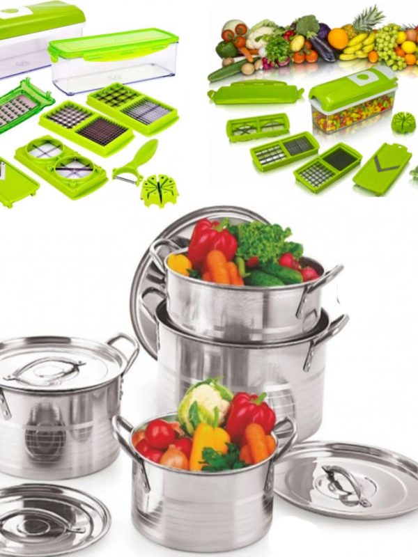 Set 4 Oale Inox Cu Capac Stock Pot, 4,l, 5,l, 8l,10l, Cu Manere De Prindere + Cadou Razatoarea Nicer dicer cu 11 moduri de taiere, pentru fructe si legume!