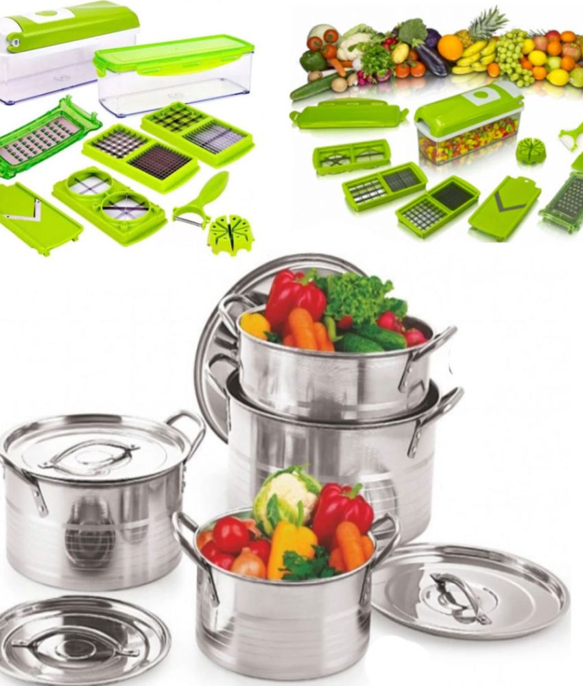 Set 4 Oale Inox Cu Capac Stock Pot, 4,l, 5,l, 8l,10l, Cu Manere De Prindere + Cadou Razatoarea Nicer dicer cu 11 moduri de taiere, pentru fructe si legume!