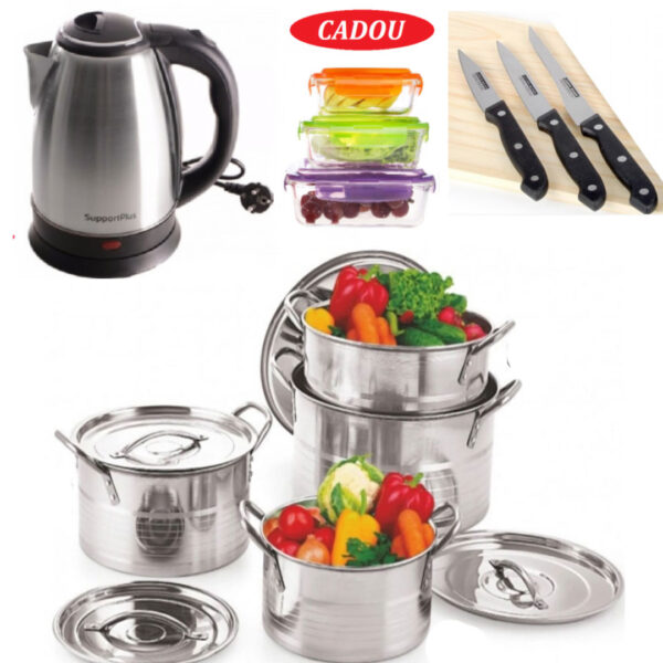 Set 4 Oale Inox Cu Capac Stock Pot 4l, 5l, 8l, 10l, Cu Manere De Prindere + Cana electrica fierbator din inox 1,8l + Set 3 cutite inox + Cadou set 3 caserole cu capace