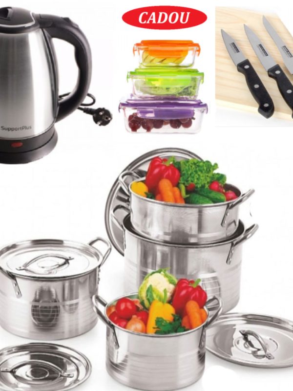 Set 4 Oale Inox Cu Capac Stock Pot 4l, 5l, 8l, 10l, Cu Manere De Prindere + Cana electrica fierbator din inox 1,8l + Set 3 cutite inox + Cadou set 3 caserole cu capace