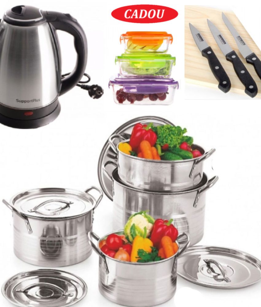 Set 4 Oale Inox Cu Capac Stock Pot 4l, 5l, 8l, 10l, Cu Manere De Prindere + Cana electrica fierbator din inox 1,8l + Set 3 cutite inox + Cadou set 3 caserole cu capace