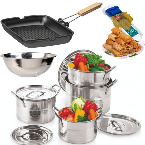 Set 4 Oale Inox Cu Capac Stock Pot, 4l, 5l,8l,10l, Cu Manere De Prindere+ Bol inox + Tigaie grill cu maner pliabil + Cadou Aparat de rulat sarmale Dolmer!