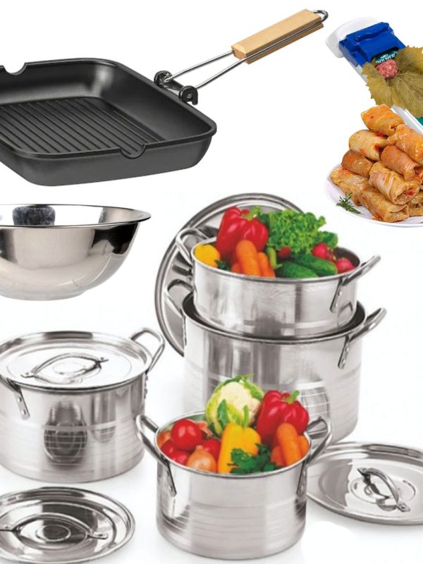 Set 4 Oale Inox Cu Capac Stock Pot, 4l, 5l,8l,10l, Cu Manere De Prindere+ Bol inox + Tigaie grill cu maner pliabil + Cadou Aparat de rulat sarmale Dolmer!