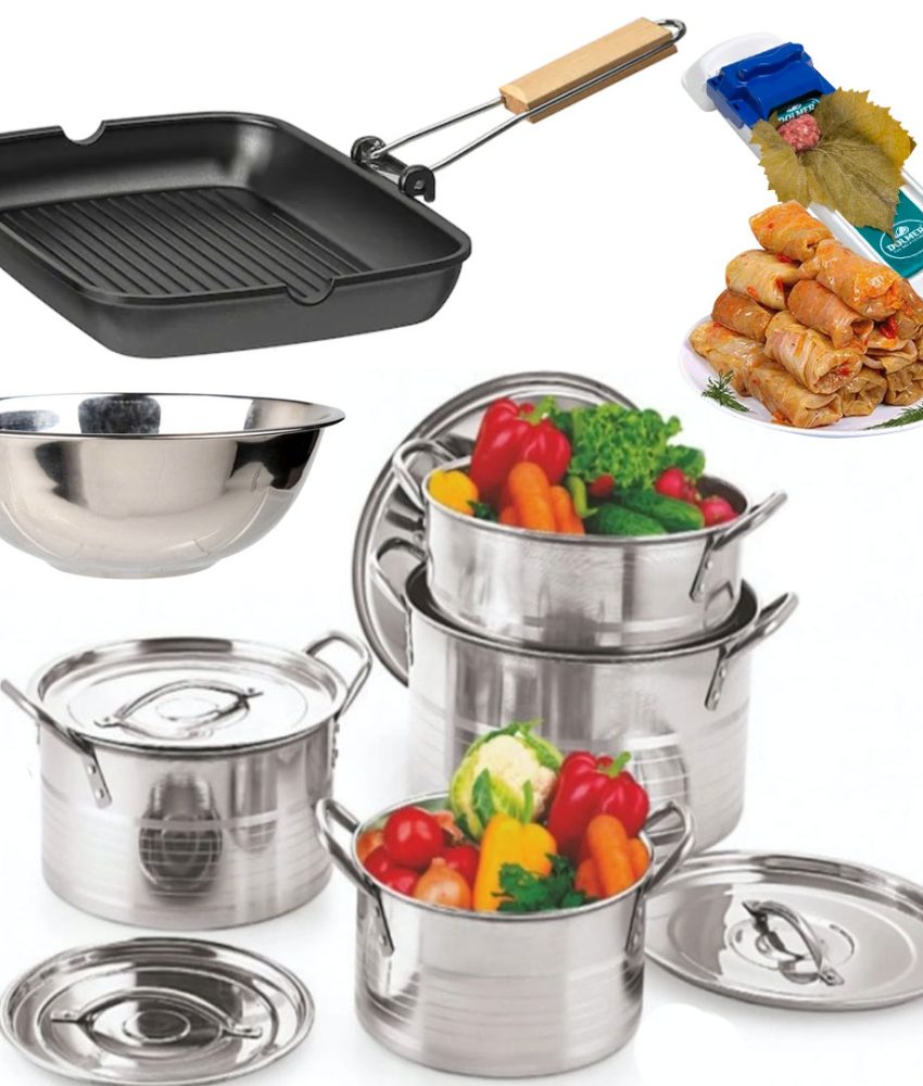 Set 4 Oale Inox Cu Capac Stock Pot, 4l, 5l,8l,10l, Cu Manere De Prindere+ Bol inox + Tigaie grill cu maner pliabil + Cadou Aparat de rulat sarmale Dolmer!