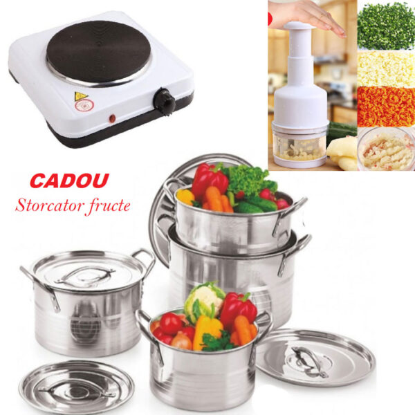 Set 4 Oale Inox Cu Capac Stock Pot, 4l, 5l, 8l, 10l, Cu Manere De Prindere + Aragaz electric + Robot de bucatarie multifunctional, chopper + Cadou Storcator de citrice