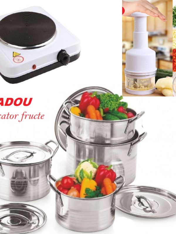 Set 4 Oale Inox Cu Capac Stock Pot, 4l, 5l, 8l, 10l, Cu Manere De Prindere + Aragaz electric + Robot de bucatarie multifunctional, chopper + Cadou Storcator de citrice