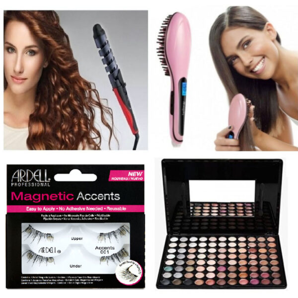 Pachet Beauty 4 produse! Ondulator ceramic profesional + Perie ceramica de intins parul + Trusa Machiaj completa 88 nuante + CADOU Set gene false 5D!