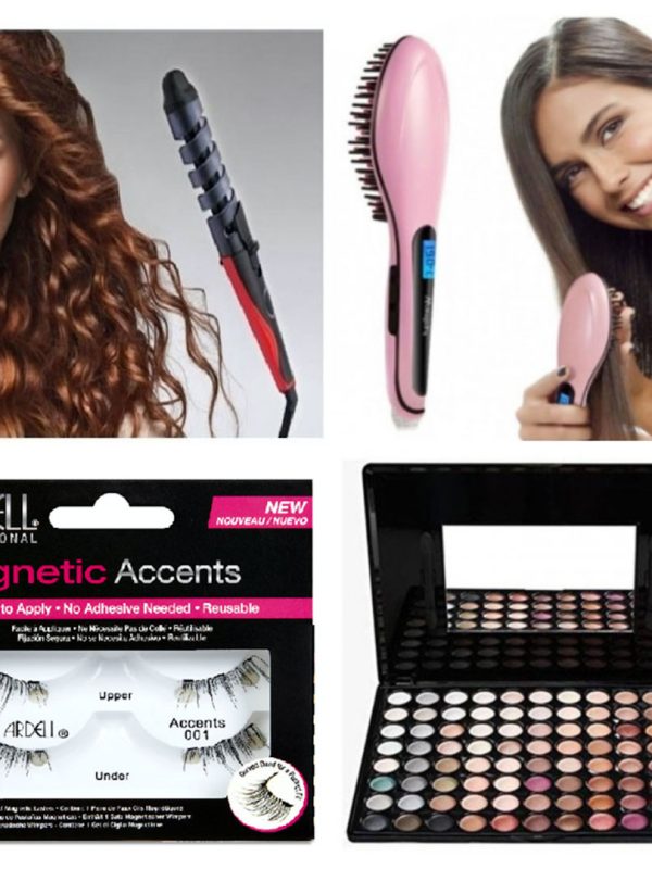 Pachet Beauty 4 produse! Ondulator ceramic profesional + Perie ceramica de intins parul + Trusa Machiaj completa 88 nuante + CADOU Set gene false 5D!