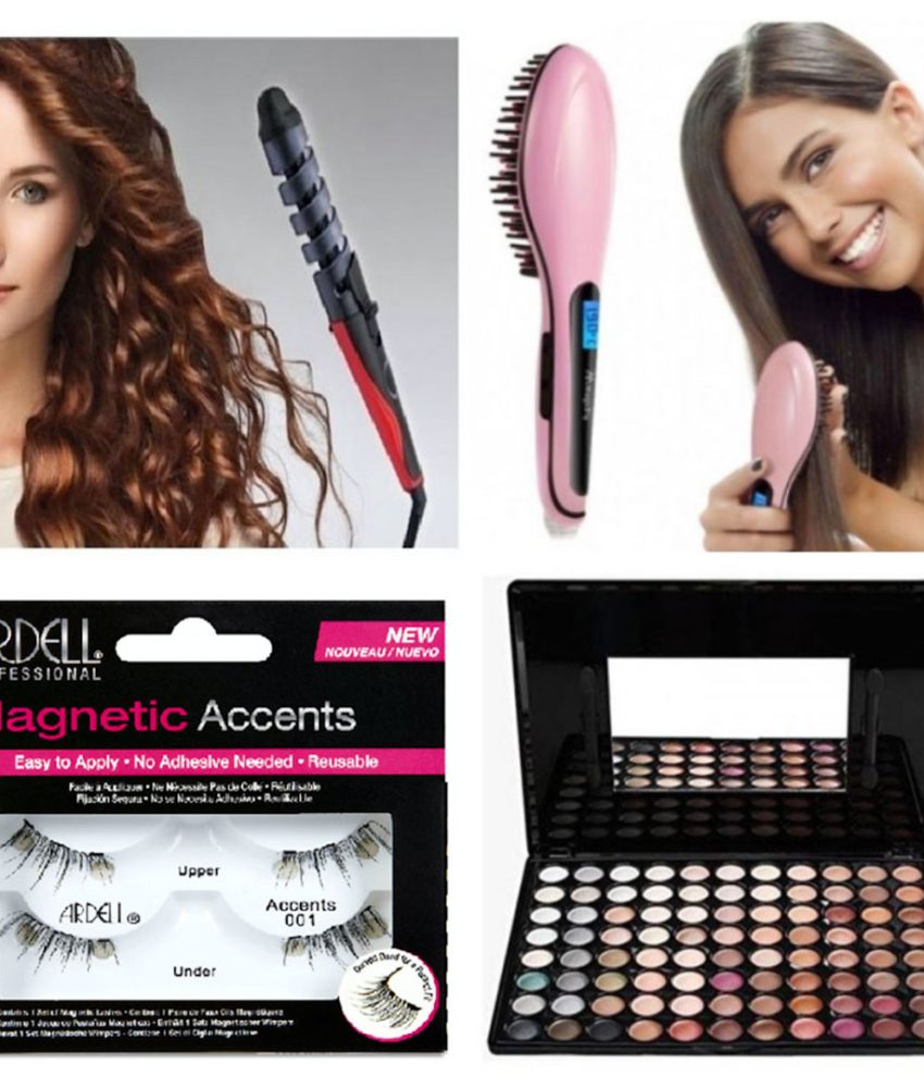 Pachet Beauty 4 produse! Ondulator ceramic profesional + Perie ceramica de intins parul + Trusa Machiaj completa 88 nuante + CADOU Set gene false 5D!