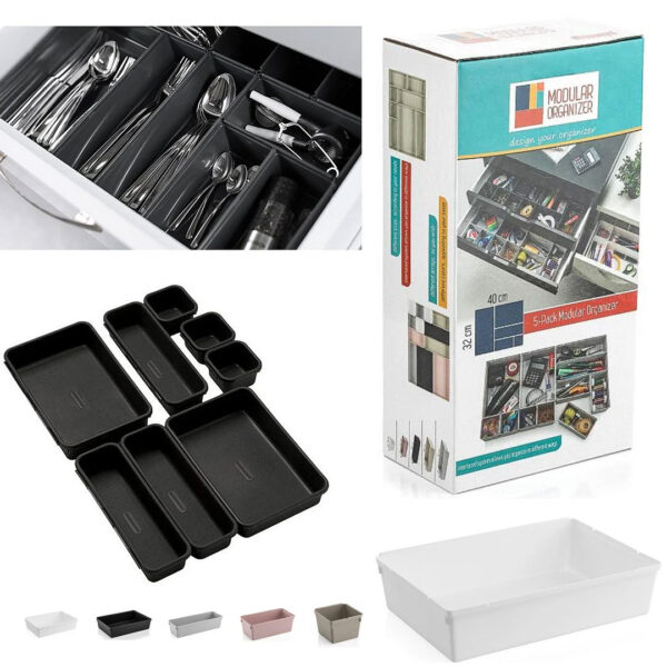Organizator sertar, ideal pentru tacamuri dar si alte accesorii, modular, 5 piese, diferite culori