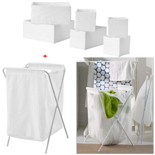 Organizator sertar, 6 buc, fermoar, alb/negru + Cos de rufe pliabil, alb, 50l, sustine 8kg rufe