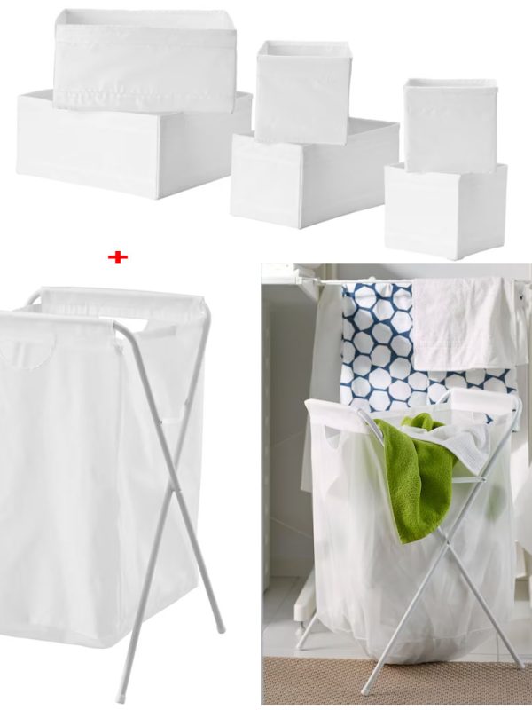 Organizator sertar, 6 buc, fermoar, alb/negru + Cos de rufe pliabil, alb, 50l, sustine 8kg rufe