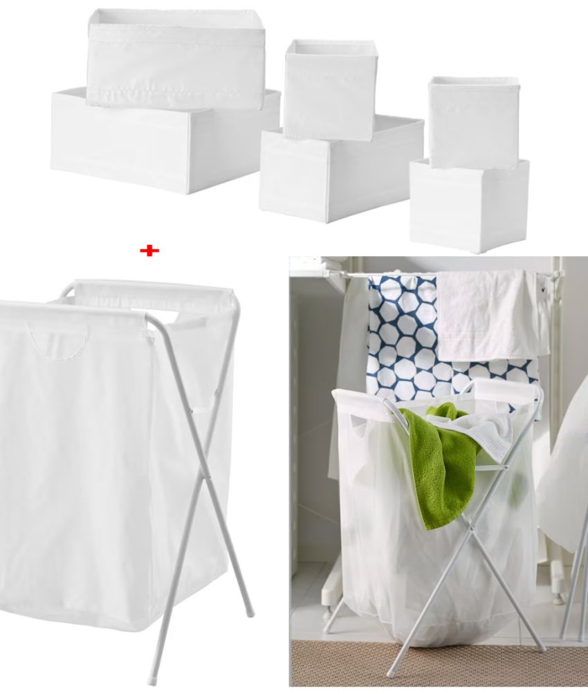 Organizator sertar, 6 buc, fermoar, alb/negru + Cos de rufe pliabil, alb, 50l, sustine 8kg rufe