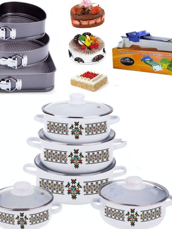 Set 10 Piese oale cu capace, otel carbon + Set 3 Forme Prajituri, cu baza detasabila, diferite dimensiuni + Aparat de facut sarmale!