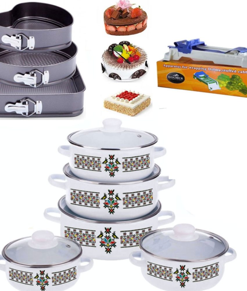 Set 10 Piese oale cu capace, otel carbon + Set 3 Forme Prajituri, cu baza detasabila, diferite dimensiuni + Aparat de facut sarmale!