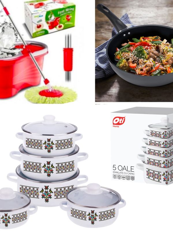 Set 10 Piese Oale si Cratite cu capace sticla termica + Mop Rotativ cu Galeata, Easy Clean + Tigaie teflon Delis 24cm!