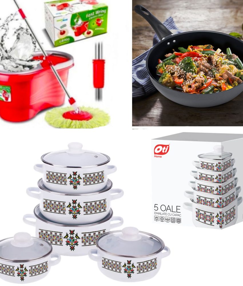 Set 10 Piese Oale si Cratite cu capace sticla termica + Mop Rotativ cu Galeata, Easy Clean + Tigaie teflon Delis 24cm!