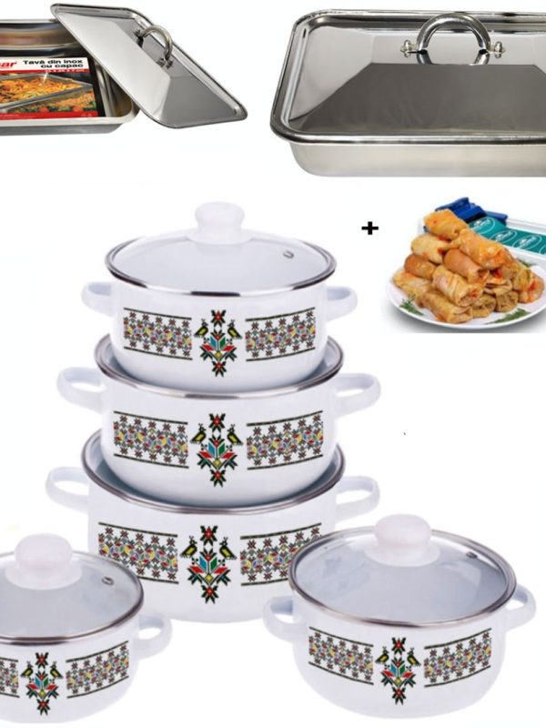 Set Oale cu Capace, 10 piese, diferite culori + Tava cuptor inox cu Capac 35x26x7cm + Dolmer Sarmale Cadou!