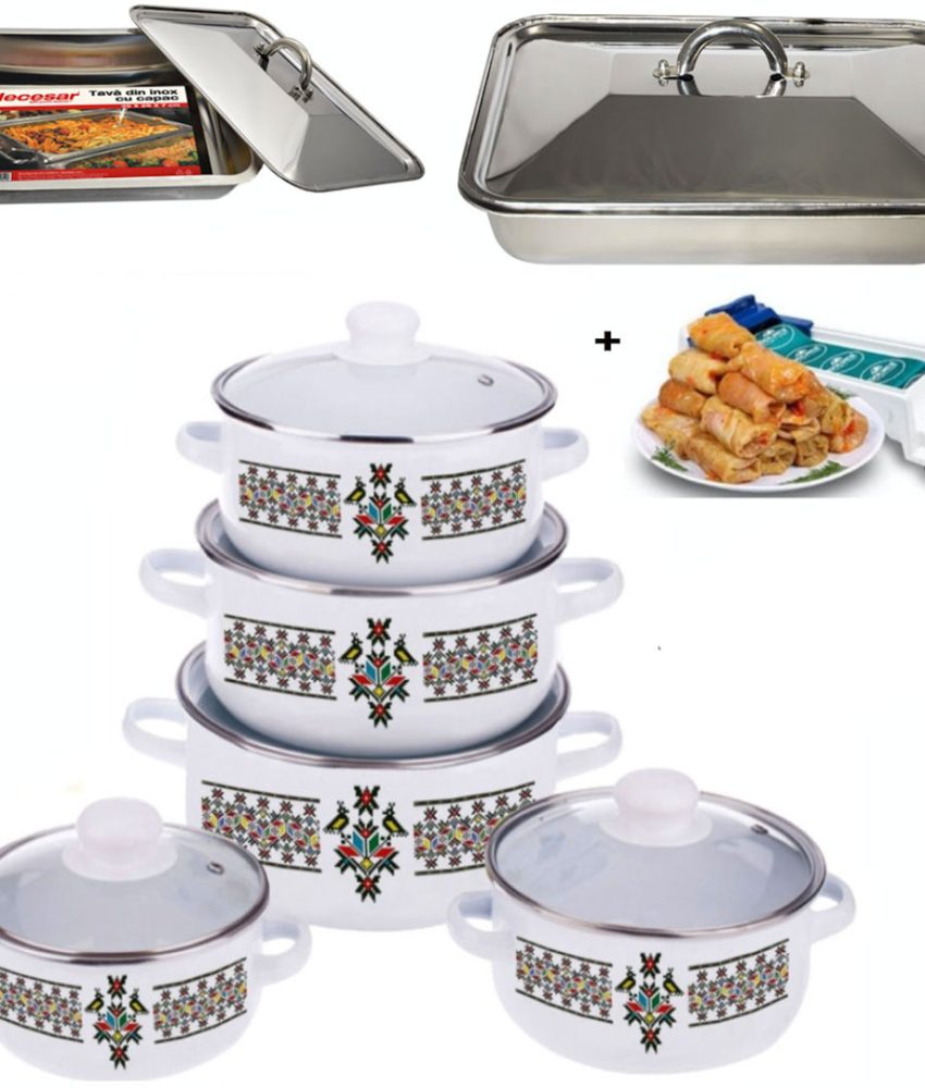 Set Oale cu Capace, 10 piese, diferite culori + Tava cuptor inox cu Capac 35x26x7cm + Dolmer Sarmale Cadou!