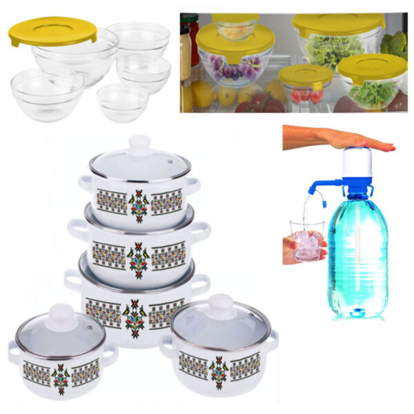 Set de gatit emailat, 10 piese + Set 5 boluri sticla cu capace + Cadou Pompa Manuala de Apa!