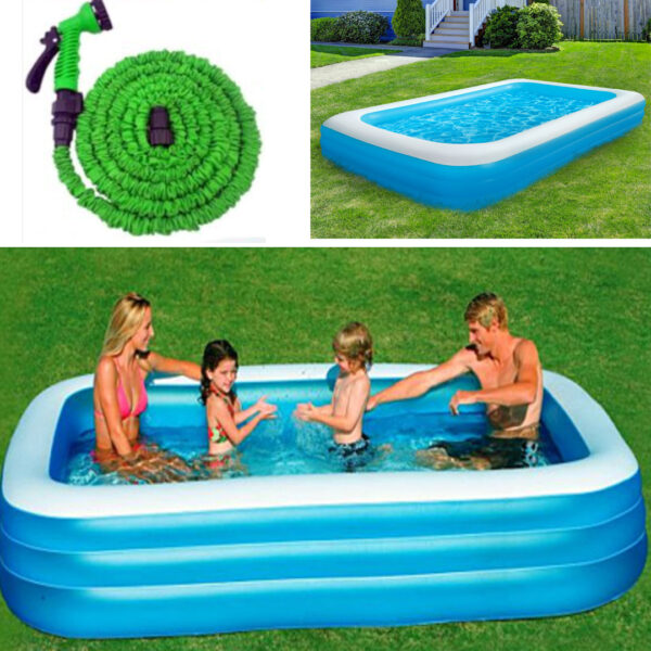 Piscina gonflabila Bestway Family, rectangulara, 305x183x46cm, capacitate 850l + Furtun extensibil 30m, Pistol de stropit 7 functii