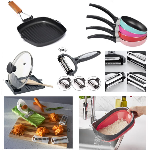 Pachet bucatarie 6 articole: Tigaie grill+Tigaie sosuri+Razatoare 7 piese Vanora Home+Cutit Razuitor fructe,legume 3in1+Sita pliabila orez,fasole,mazare