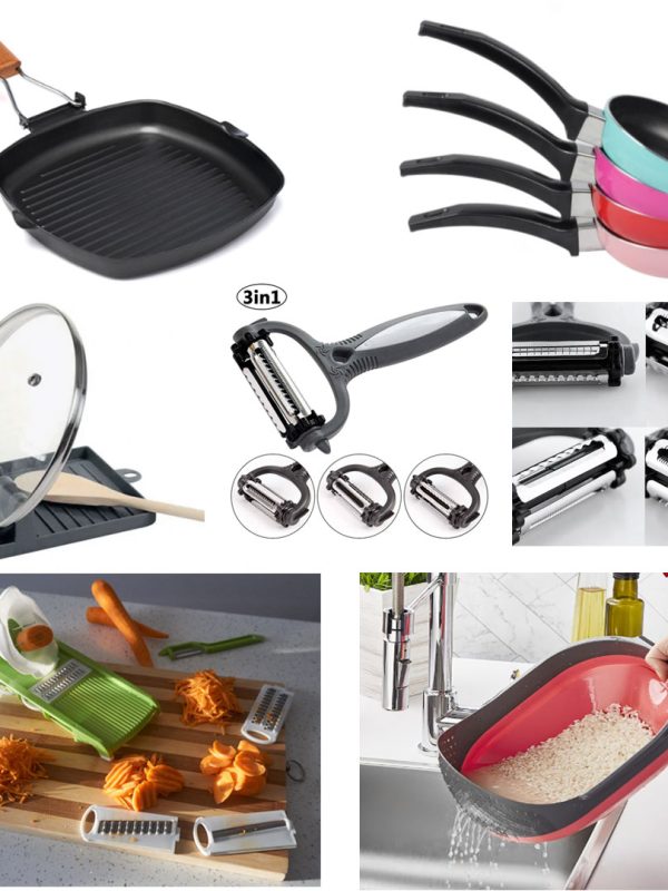 Pachet bucatarie 6 articole: Tigaie grill+Tigaie sosuri+Razatoare 7 piese Vanora Home+Cutit Razuitor fructe,legume 3in1+Sita pliabila orez,fasole,mazare