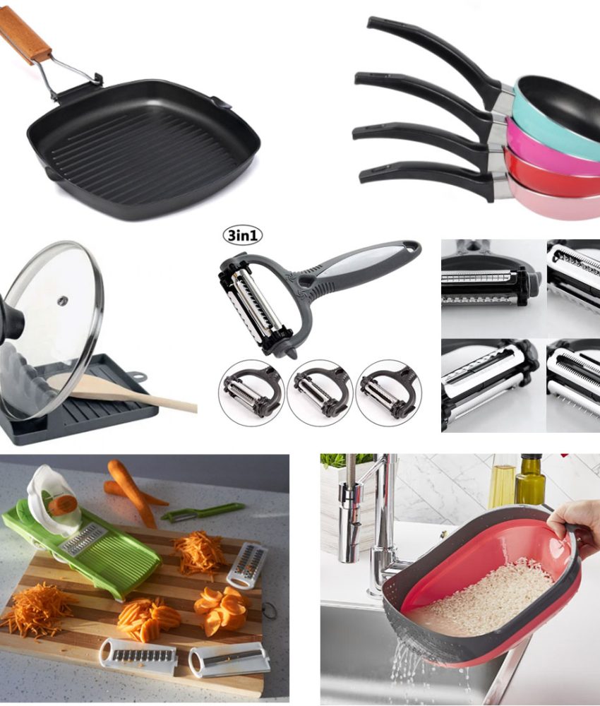Pachet bucatarie 6 articole: Tigaie grill+Tigaie sosuri+Razatoare 7 piese Vanora Home+Cutit Razuitor fructe,legume 3in1+Sita pliabila orez,fasole,mazare