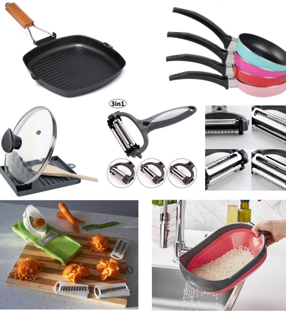Pachet bucatarie 6 articole: Tigaie grill+Tigaie sosuri+Razatoare 7 piese Vanora Home+Cutit Razuitor fructe,legume 3in1+Sita pliabila orez,fasole,mazare