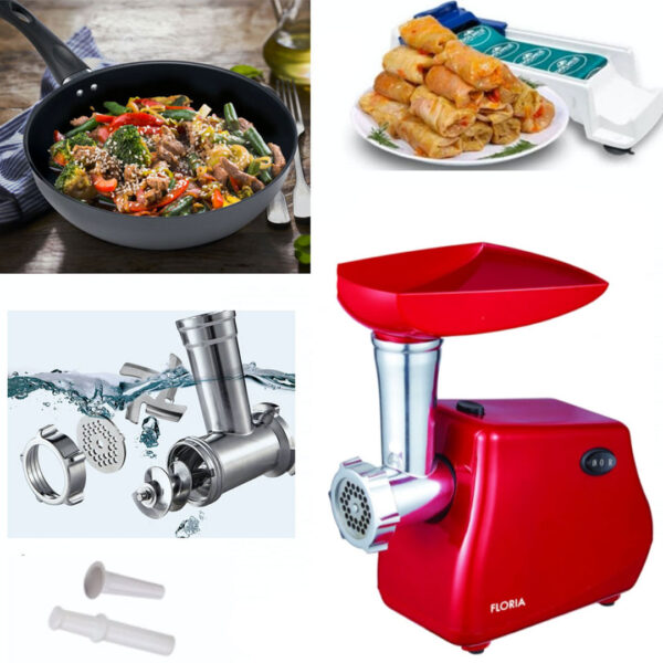 Masina De Tocat Carne Victronic MG5002, Rosu/Negru, Putere 1200W, Accesorii Umplut Carnati, Functie Revers,1.6kg/Min + Tigaie teflonata 24cm + Aparat profesional de facut sarmale!