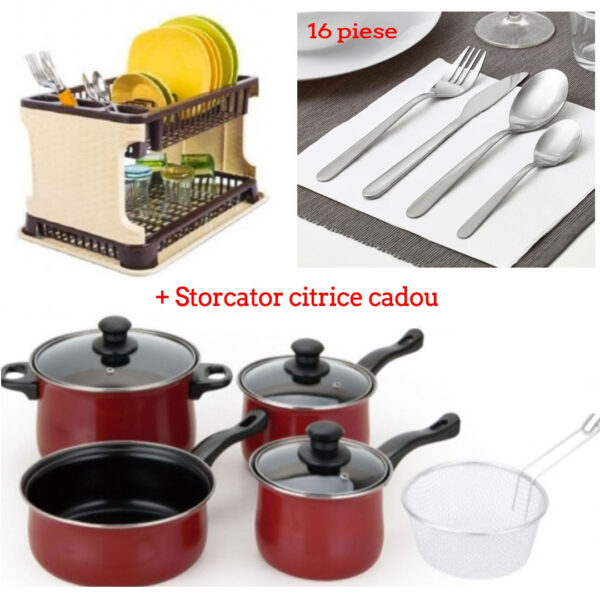 Oale si Cratite de gatit, cu capace, Grunberg 8 piese, otel carbon + Suport de vase etajat tip ratan, cu tava de scurgere + Set 16 Tacamuri inox + Cadou Storcator de citrice