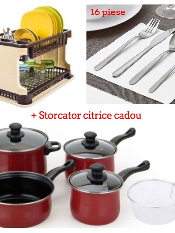 Oale si Cratite de gatit, cu capace, Grunberg 8 piese, otel carbon + Suport de vase etajat tip ratan, cu tava de scurgere + Set 16 Tacamuri inox + Cadou Storcator de citrice