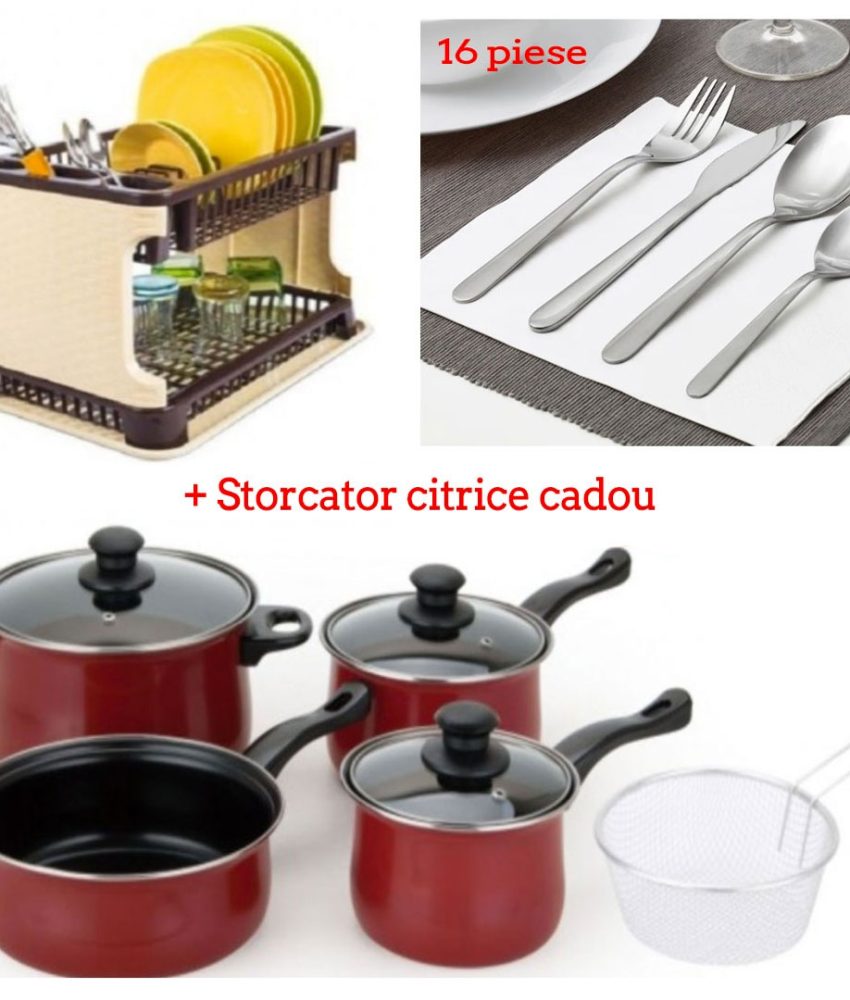 Oale si Cratite de gatit, cu capace, Grunberg 8 piese, otel carbon + Suport de vase etajat tip ratan, cu tava de scurgere + Set 16 Tacamuri inox + Cadou Storcator de citrice