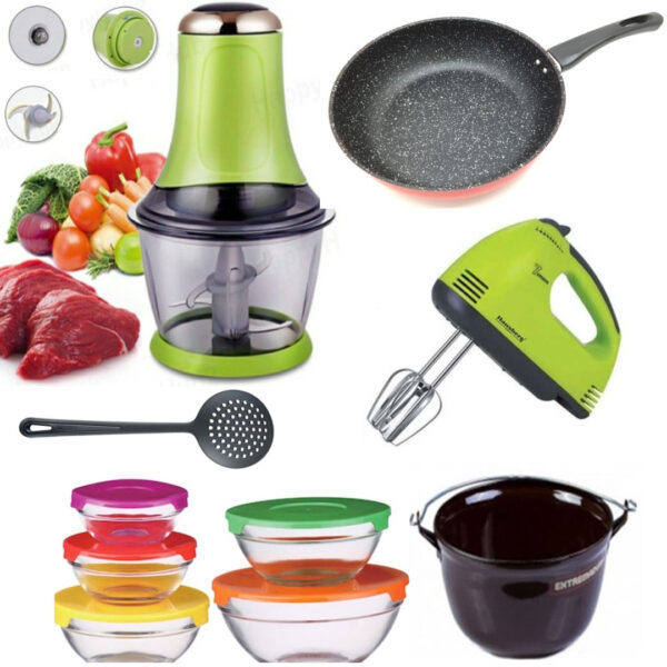 Tocator electric legume/fructe + Tigaie Teflon + Ceaun cu toarta + Set 10 piese vase sticla cu capace + Mixer electric 7 viteze, 4 palete + Cadou 1 Spumiera