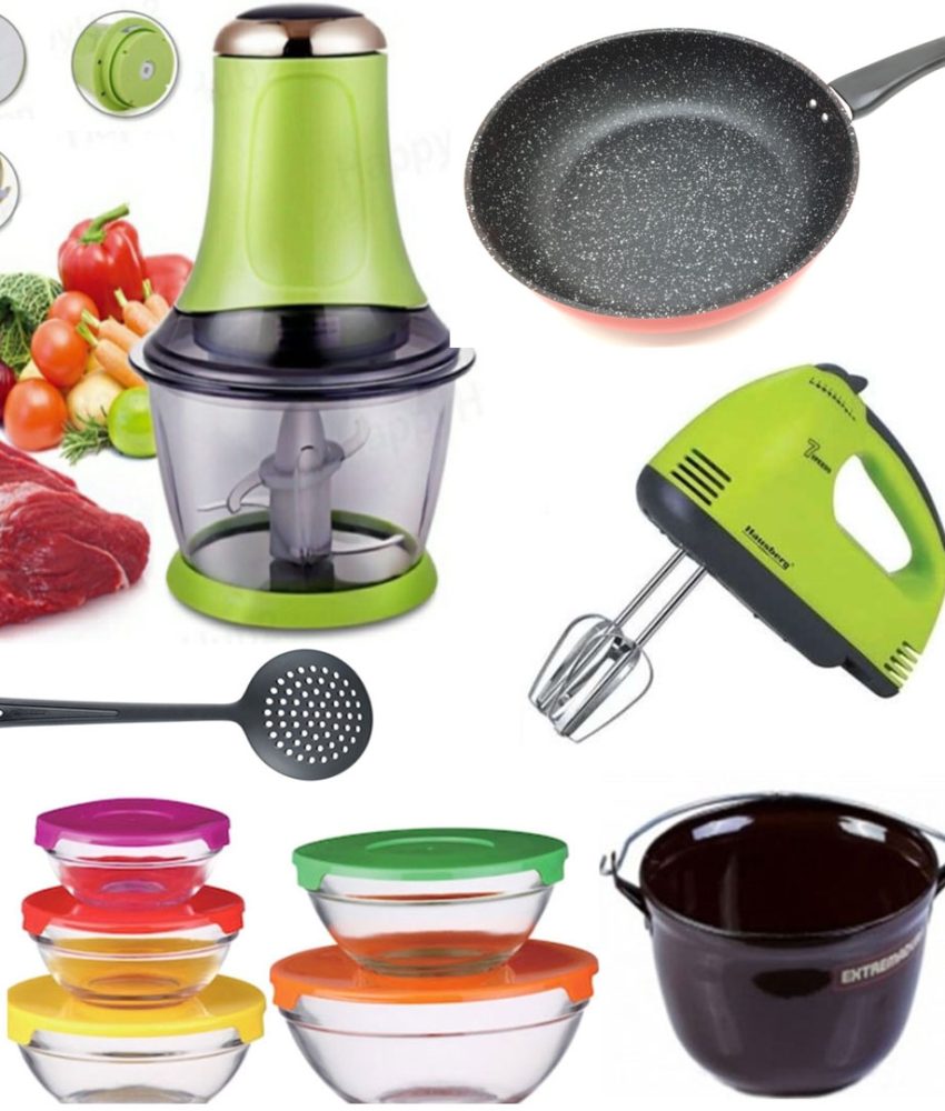 Tocator electric legume/fructe + Tigaie Teflon + Ceaun cu toarta + Set 10 piese vase sticla cu capace + Mixer electric 7 viteze, 4 palete + Cadou 1 Spumiera